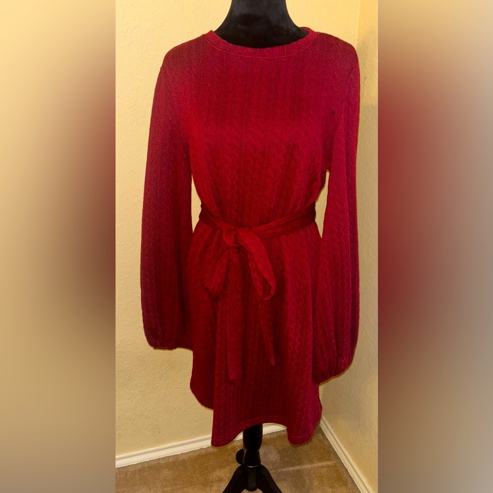 Shein Burgundy Knit Belted Sweater Dress - Size Medium